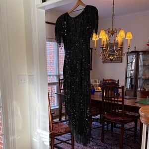 Vintage Lillie Rubin Asymmetrical Black Sequin Fringe Silk Gown